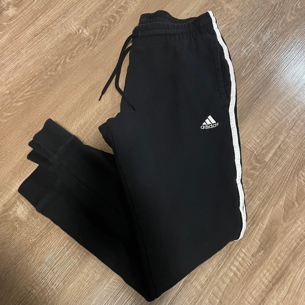 Adidas Mens Joggers Size Large Black Cotton Blend 3-Stripe Tapered Sweatpants